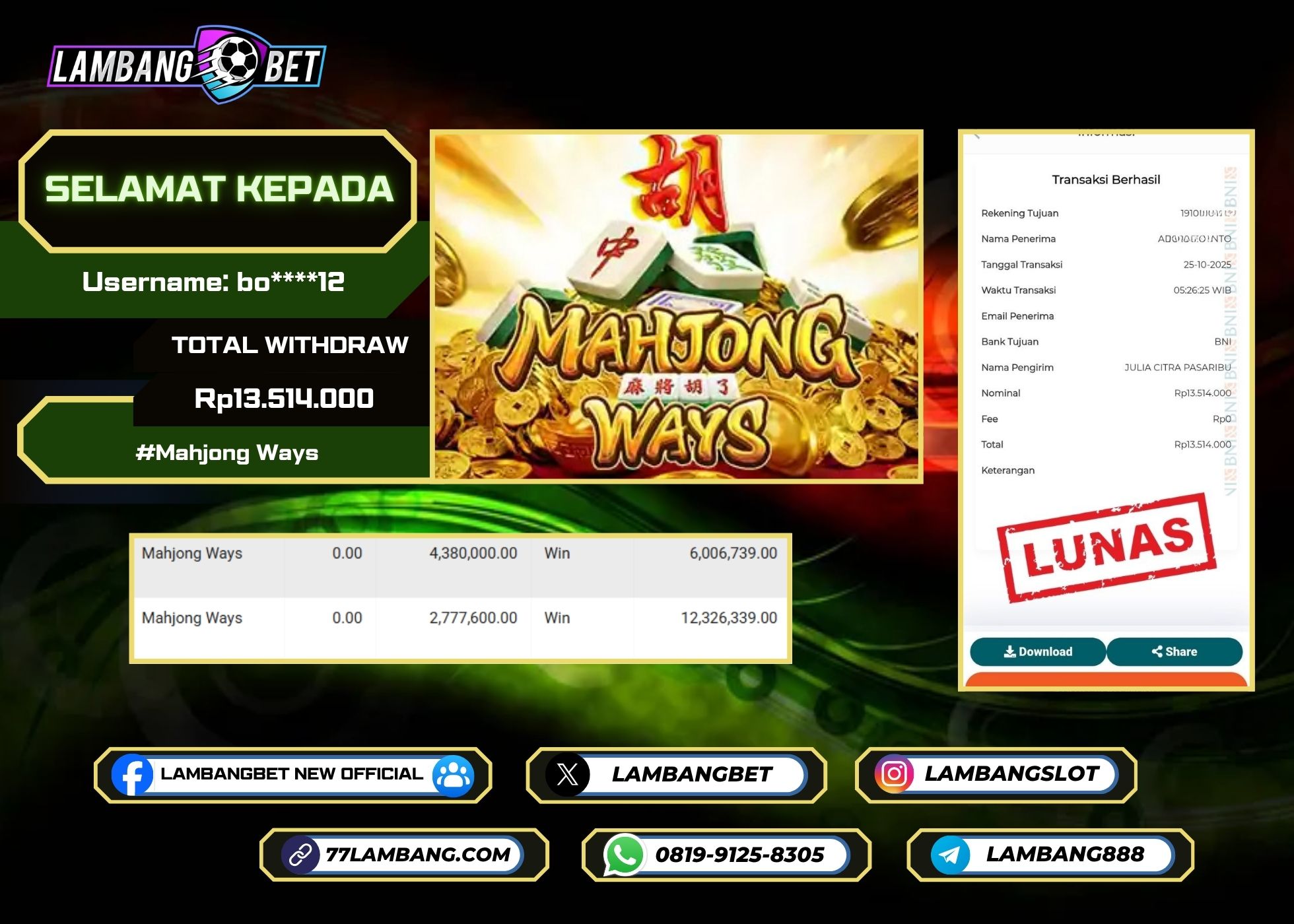 LAMBANGBET [25 OKTOBER 2025] JACKPOT SLOT Mahjong Ways "Rp13.514.000" LUNAS